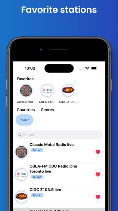 Tangkapan skrin Toronto Radio - Top Stations