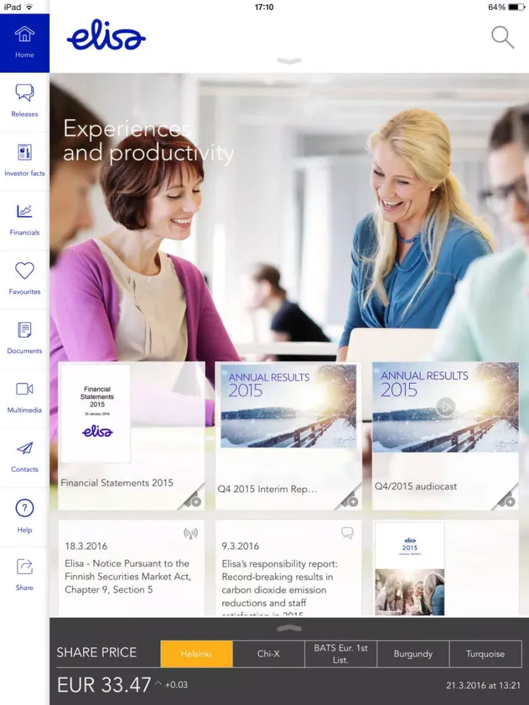 Ảnh chụp màn hình của Elisa Corporation Investor Relations iPad 