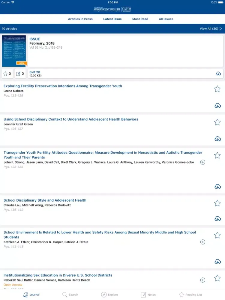 Tangkapan skrin Journal of Adolescent Health iPad 