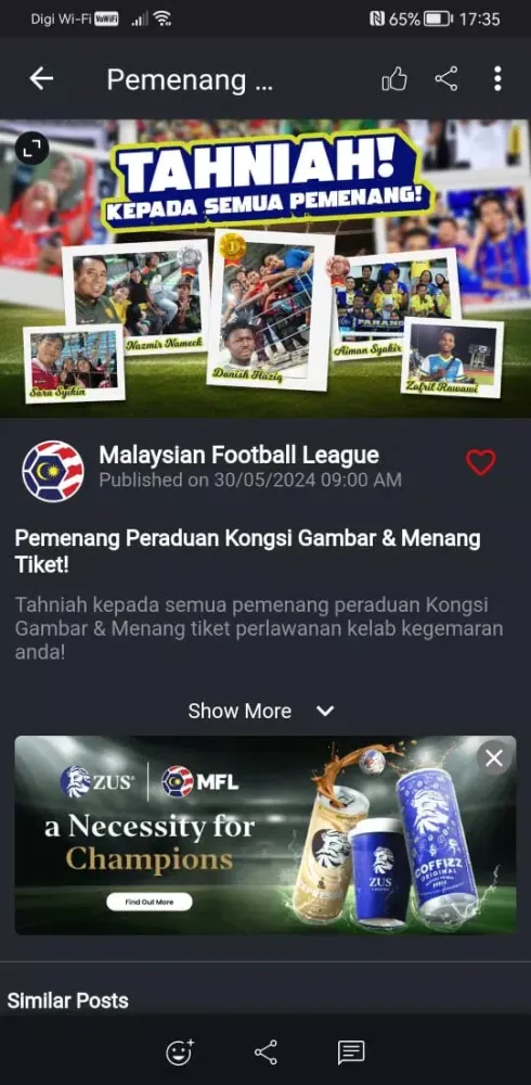 Capturas de tela do Malaysian Football League
