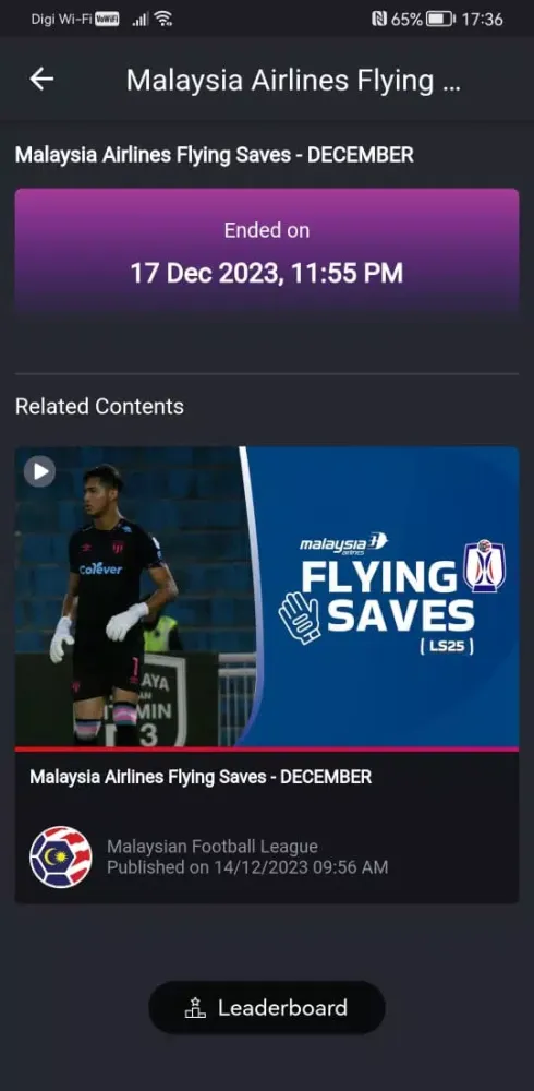 Capturas de tela do Malaysian Football League