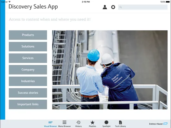Capturas de tela do Endress+Hauser Discovery Sales iPad 