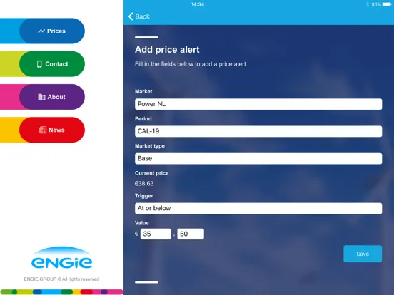 Tangkapan skrin ENGIE Market Prices iPad 