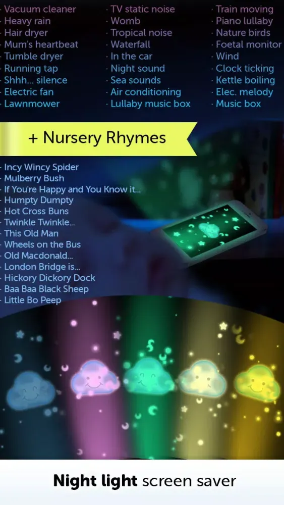 Capturas de tela do Baby White Noise generator + Nursery Rhymes music