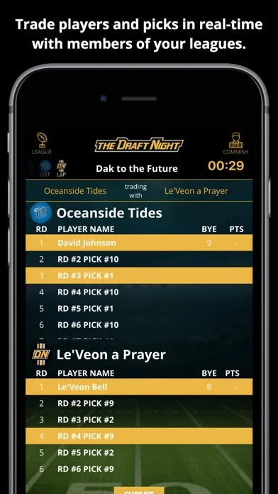 Ảnh chụp màn hình của theDraftNight Fantasy Football Draft Board