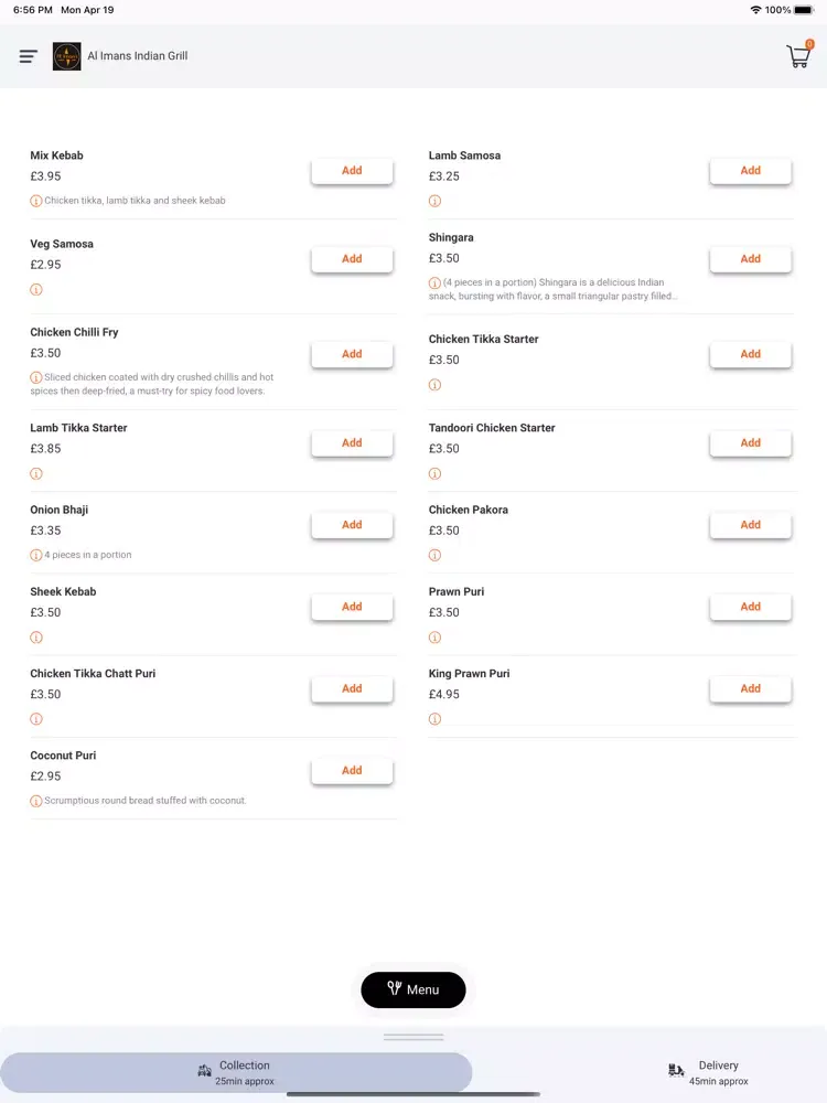 Zrzuty ekranu Al Iman's Indian Grill iPad 