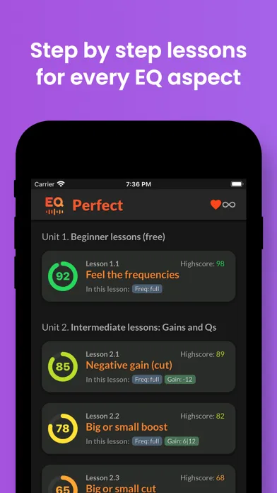 Capturas de tela do EQ Perfect-Pro EQ Ear Training