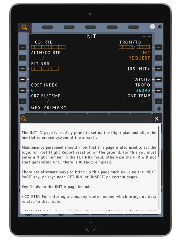Capturas de tela do A320 CFDS Trainer iPad 