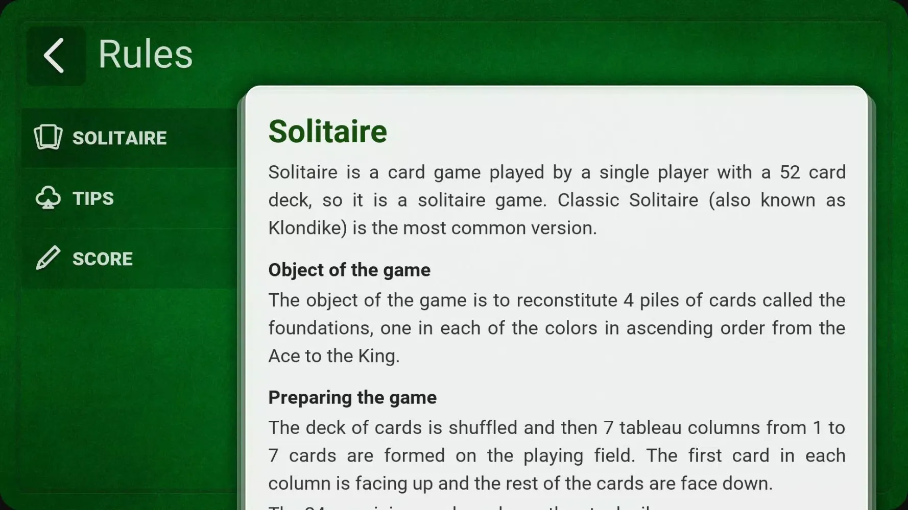 Tangkapan layar Solitaire (Klondike)