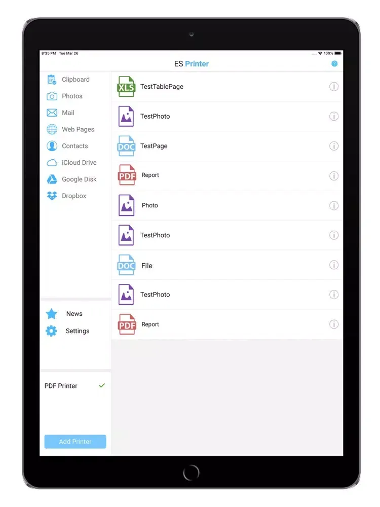 Capturas de pantalla de ES Printer iPad 