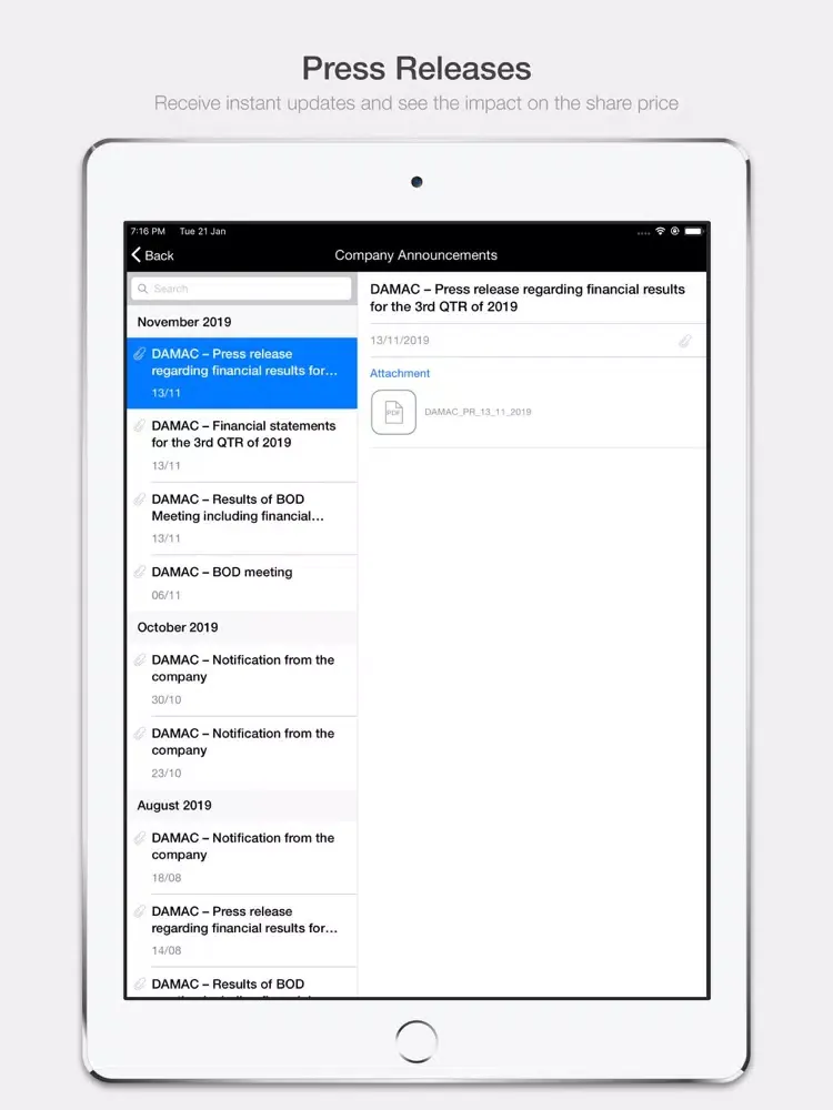 Capturas de pantalla de DAMAC Investor Relations iPad 