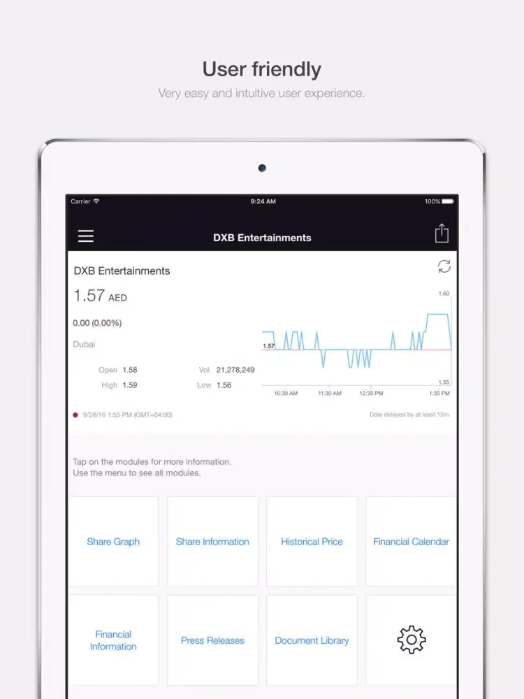 Tangkapan layar DXB Entertainments Investor Relations iPad 