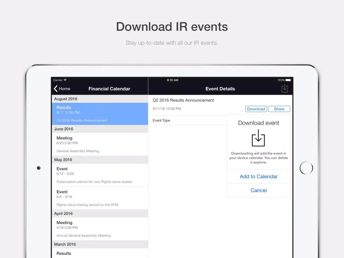 Tangkapan layar DXB Entertainments Investor Relations iPad 