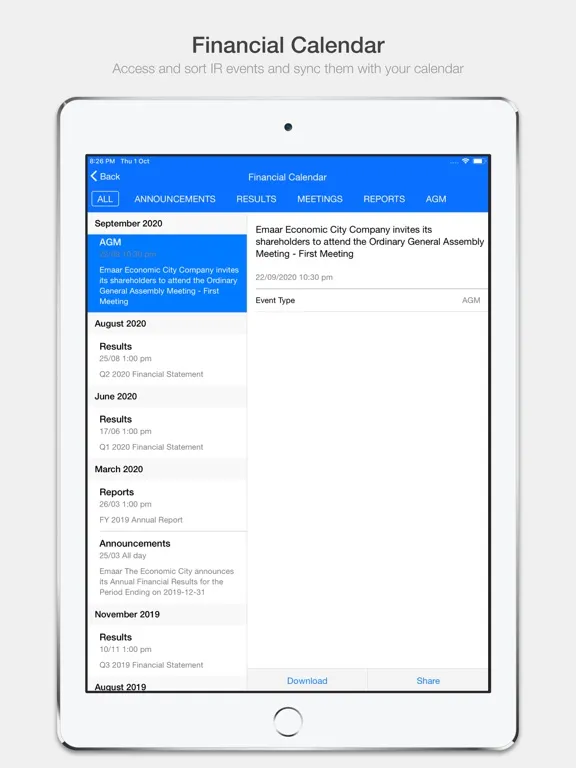 Tangkapan skrin KAEC Investor Relations iPad 