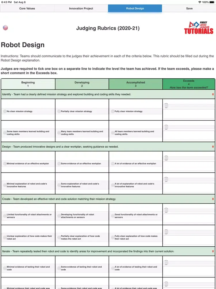 Tangkapan skrin FLL Rubrics iPad 