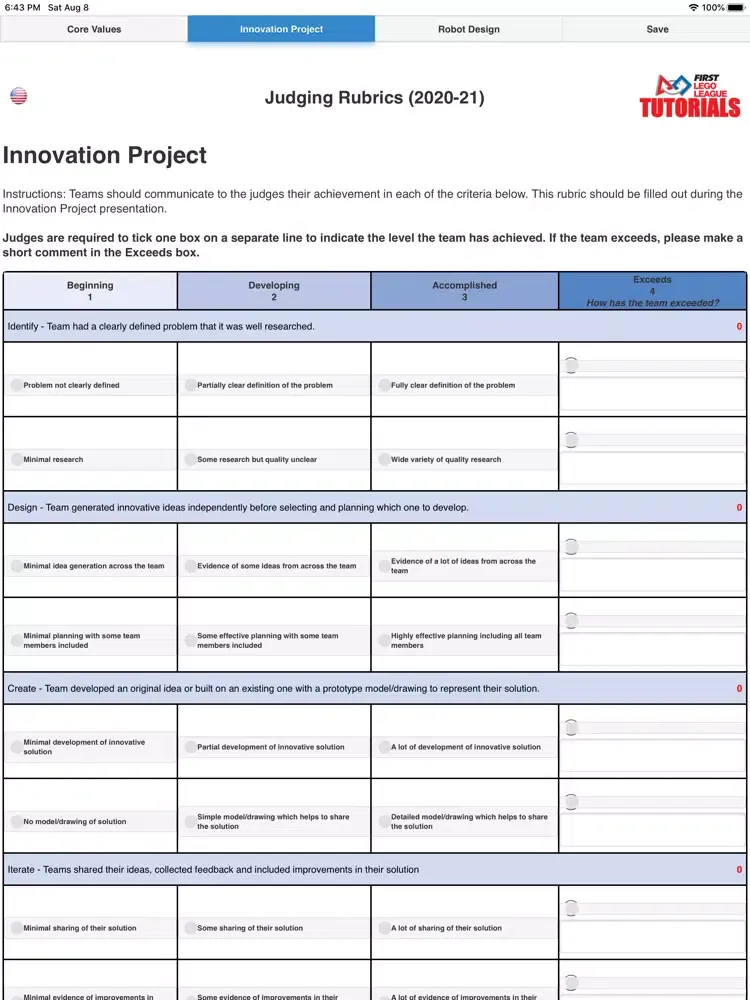 Tangkapan skrin FLL Rubrics iPad 