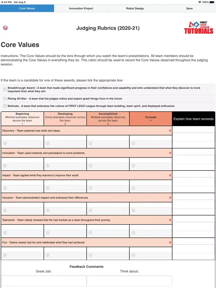 Tangkapan skrin FLL Rubrics iPad 
