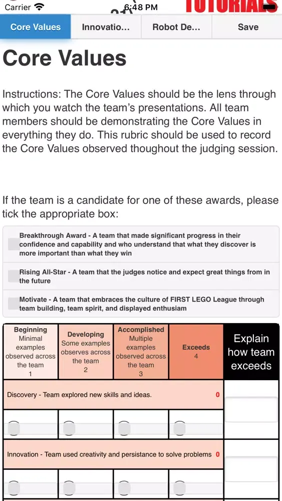 Tangkapan skrin FLL Rubrics