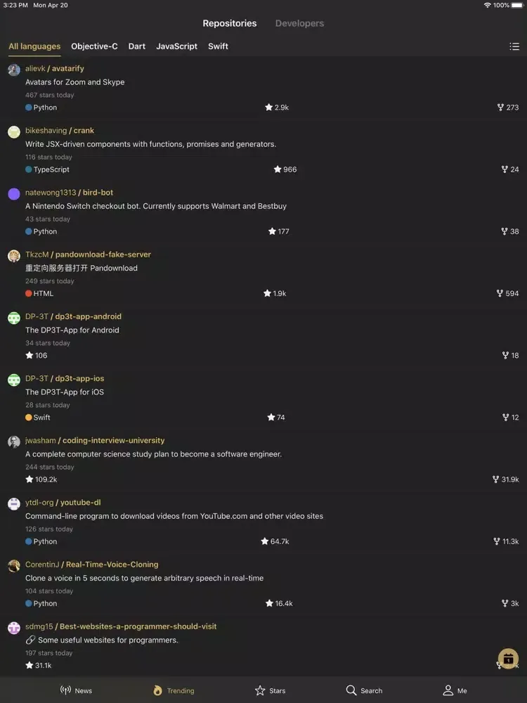 Capturas de tela do GeekHub Lite for GitHub iPad 
