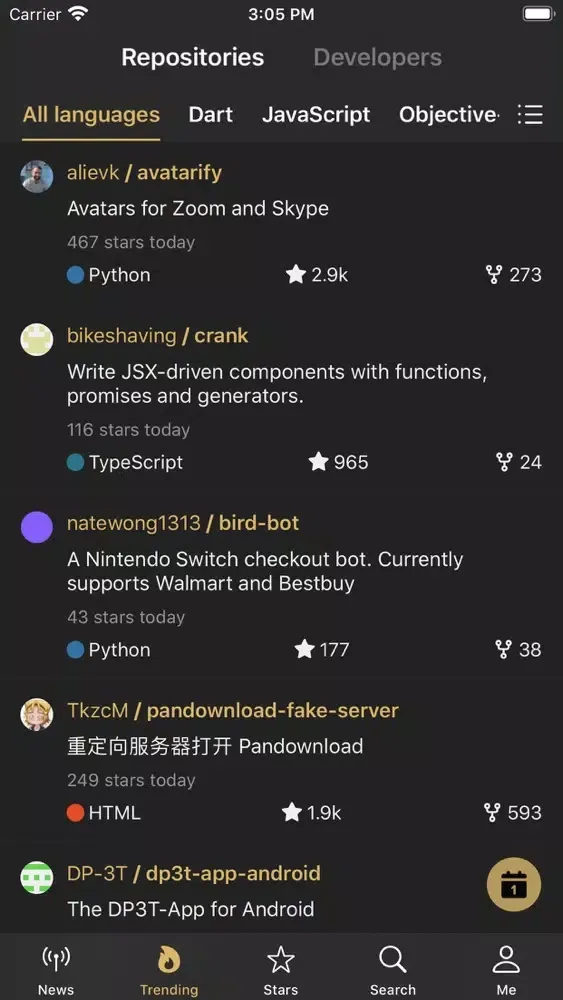 Capturas de tela do GeekHub Lite for GitHub
