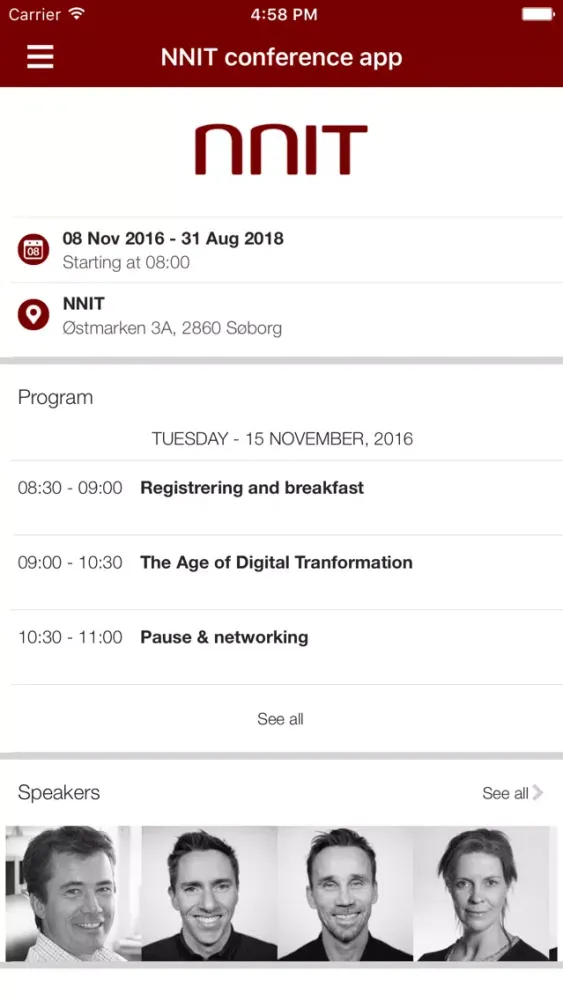 Capturas de tela do NNIT event app