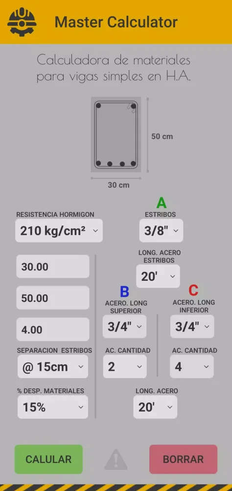 Tangkapan layar Calculadora - Vigas en H.A