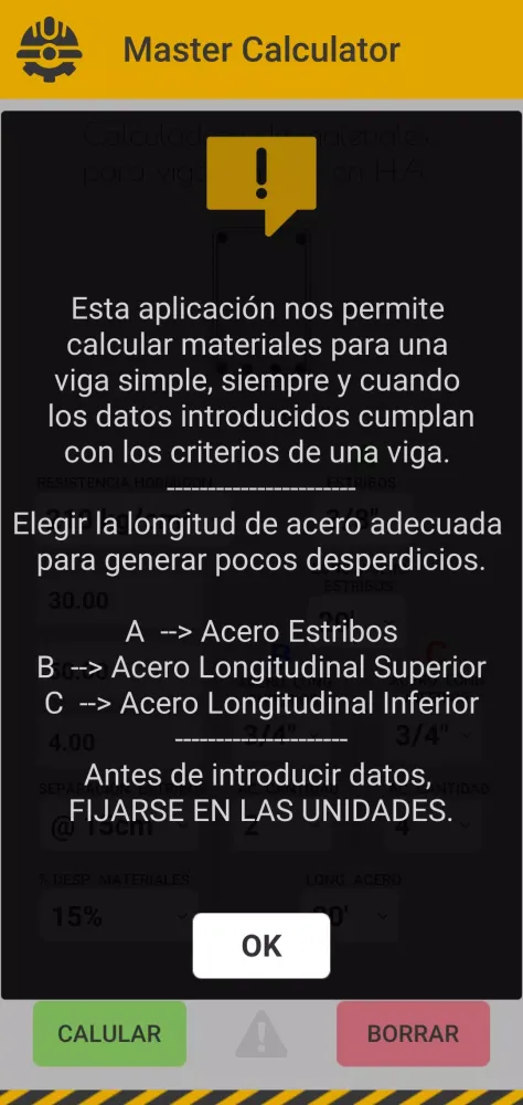 Tangkapan layar Calculadora - Vigas en H.A