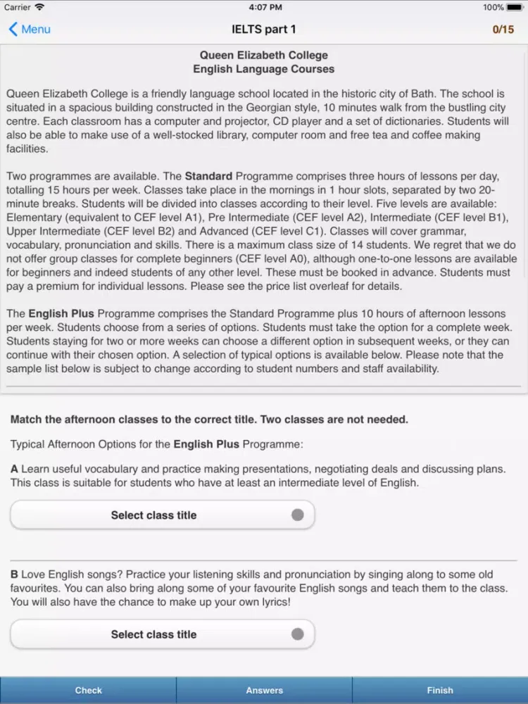Ảnh chụp màn hình của IELTS Reading Practice iPad 