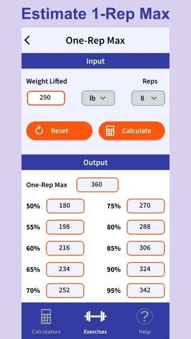Captures d'écran de ExRx.net Workout Tools