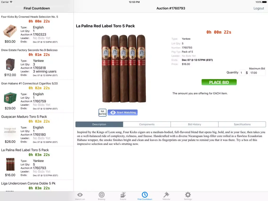 Cigar Auctioneer Bid Buddy iPad  Ekran Görüntüleri