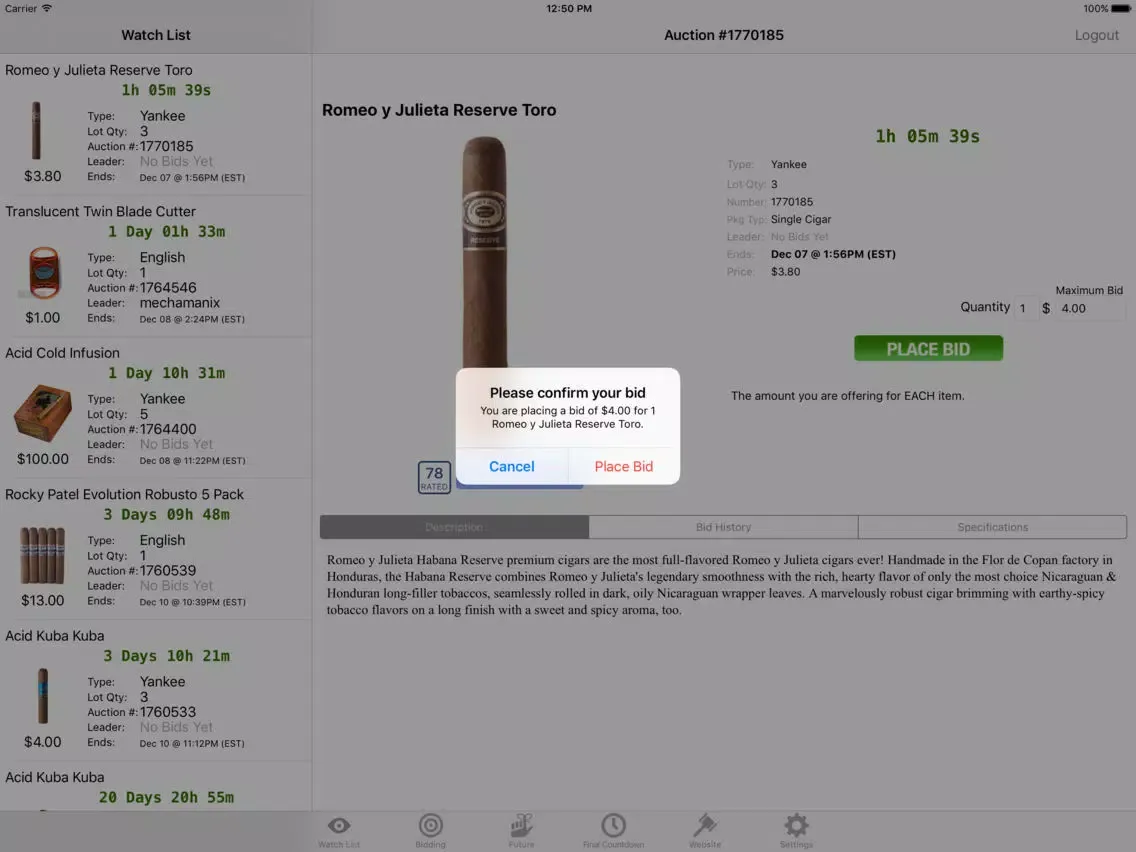 Cigar Auctioneer Bid Buddy iPad  Ekran Görüntüleri