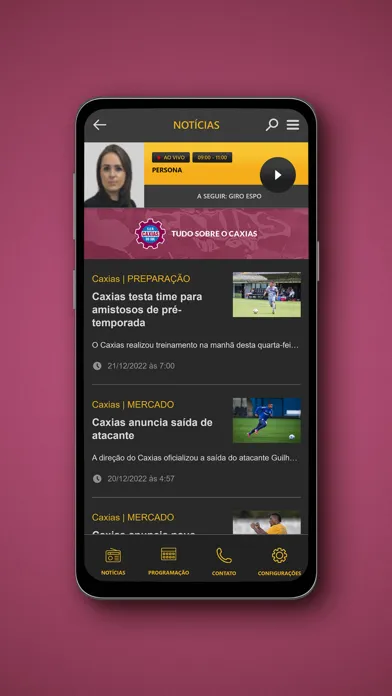 Capturas de tela do Rádio Caxias