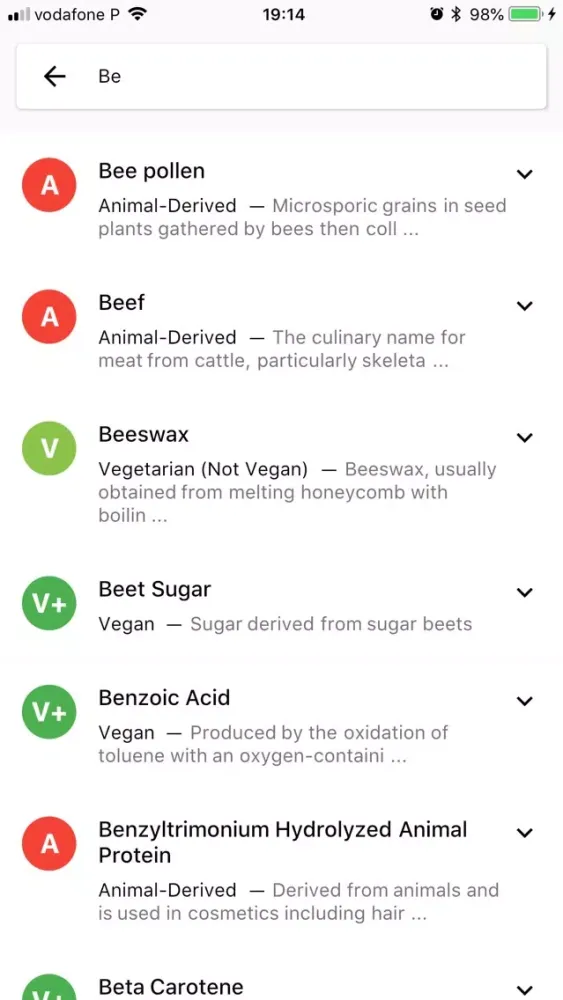 Zrzuty ekranu Kindly - Ingredient database