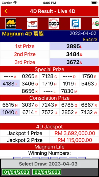 Captures d'écran de 4D Results - Malaysia 4D Live