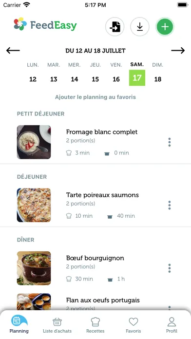 Zrzuty ekranu Feed Easy, planifiez vos repas