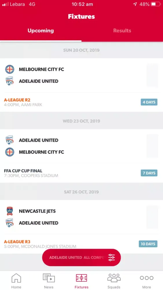 Ảnh chụp màn hình của Adelaide United Official App