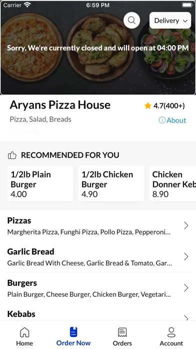 Ảnh chụp màn hình của Aryans Pizza House