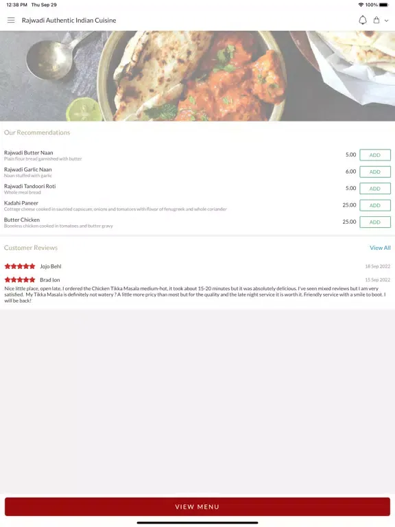 Ảnh chụp màn hình của Rajwadi AuthenticIndianCuisine iPad 
