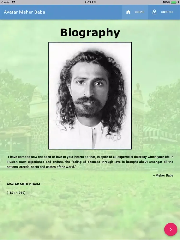 Tangkapan layar AMBPPCT Meher Baba App iPad 
