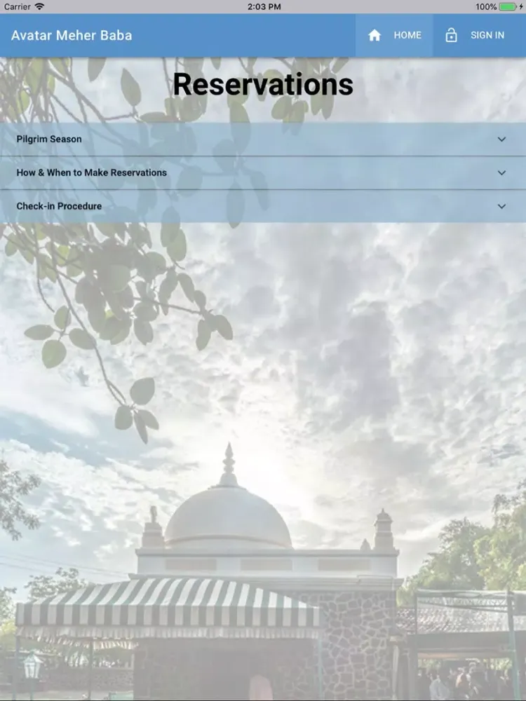 Tangkapan layar AMBPPCT Meher Baba App iPad 