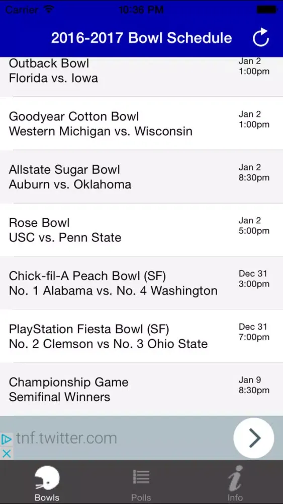 Zrzuty ekranu College Football Bowl Schedule