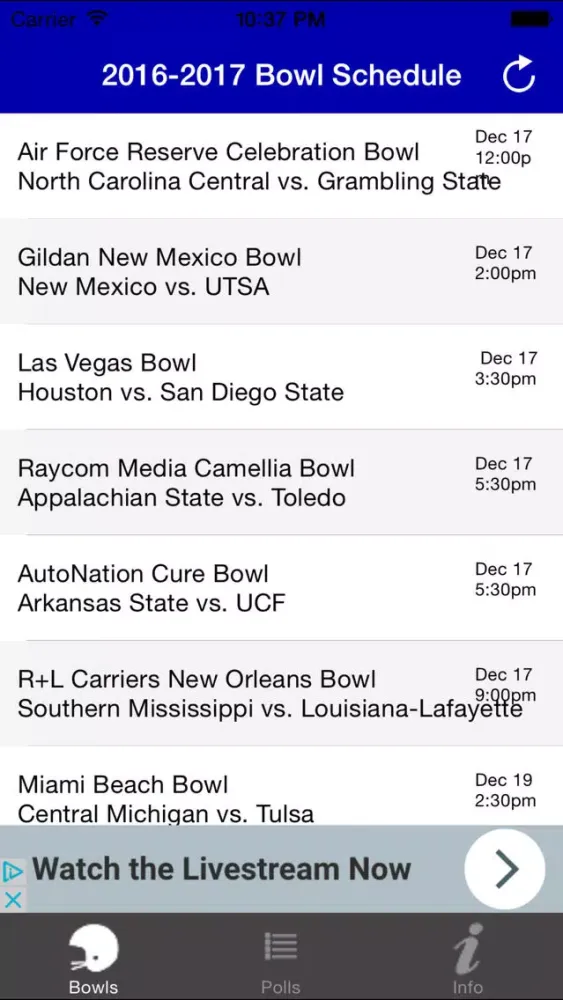 Zrzuty ekranu College Football Bowl Schedule