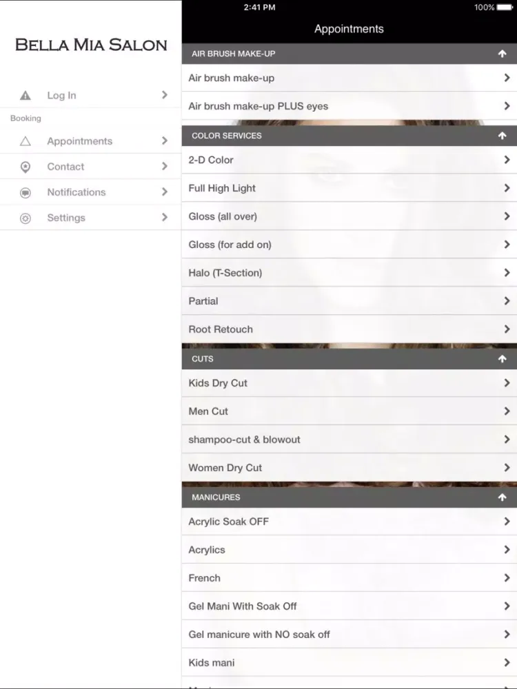Tangkapan layar Bella Mia Salon iPad 
