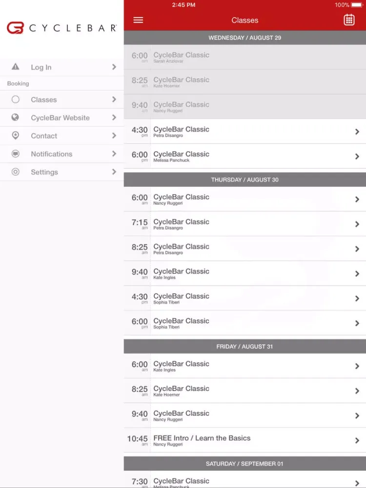 Tangkapan layar Wellesley CycleBar iPad 
