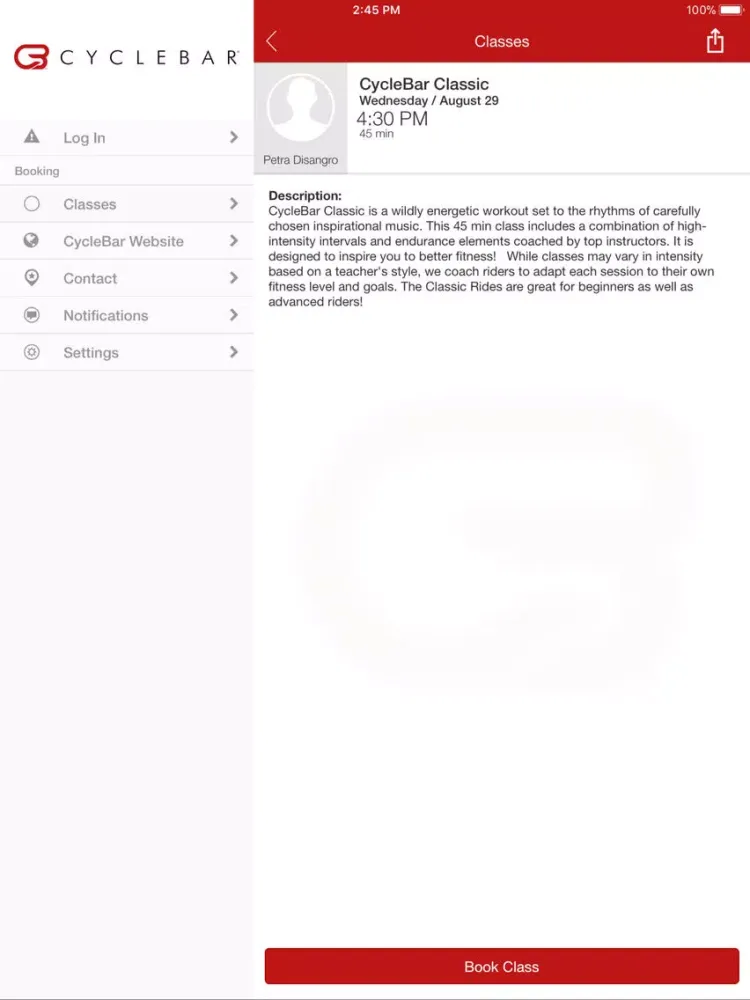 Tangkapan layar Wellesley CycleBar iPad 
