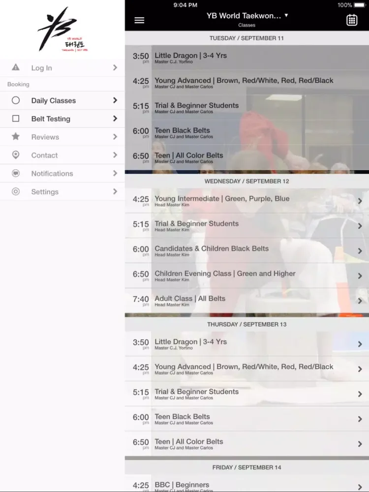 Tangkapan layar YB World Taekwondo Academy iPad 