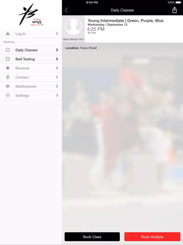 Tangkapan layar YB World Taekwondo Academy iPad 