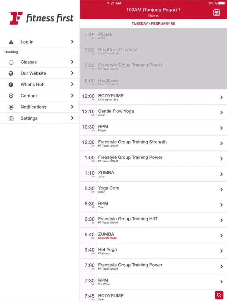 Tangkapan layar Class Booker Fitness First SG iPad 