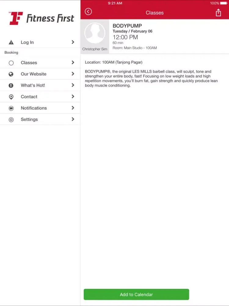 Tangkapan layar Class Booker Fitness First SG iPad 