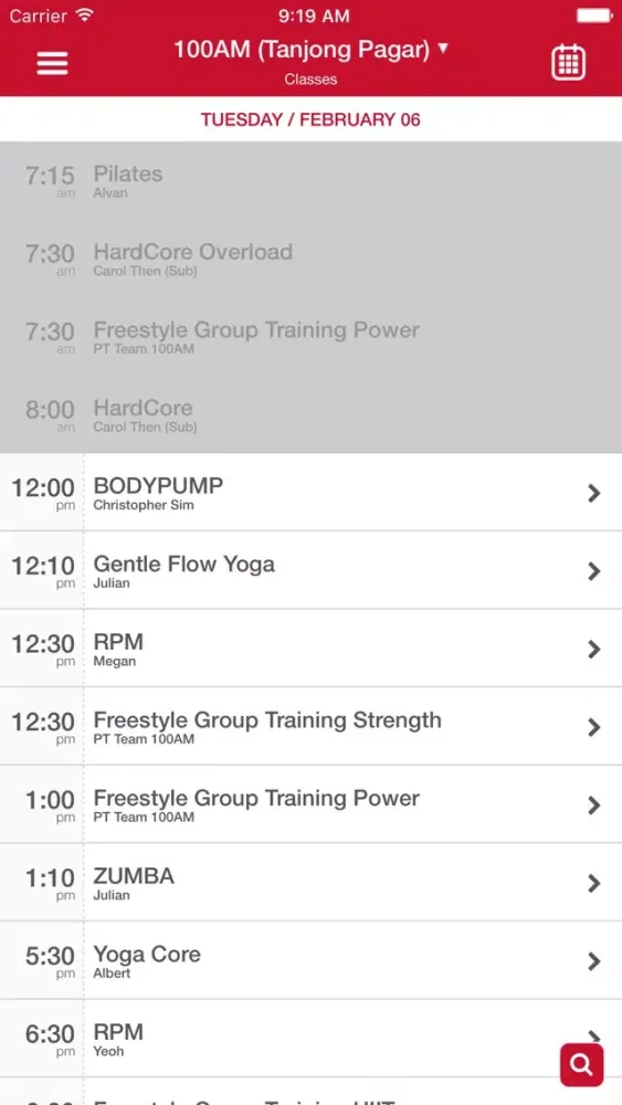 Tangkapan layar Class Booker Fitness First SG